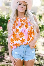 Orange Floral Smocked Ruffle Short Sleeve Blouse Women UK