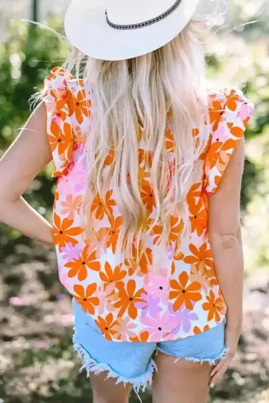 Orange Floral Smocked Ruffle Short Sleeve Blouse Women UK