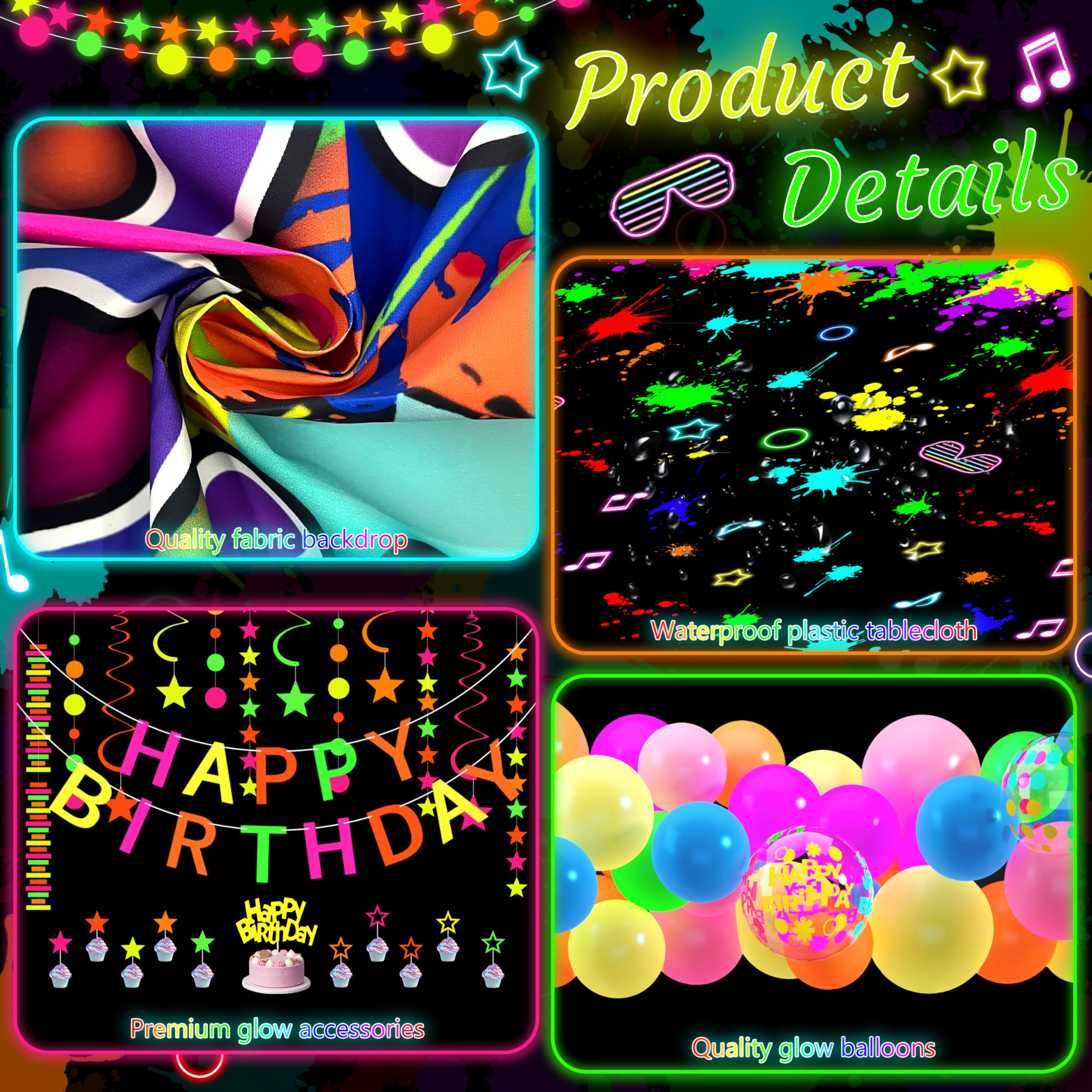 Fayoo Neon Birthday Party Decorations - Glow in the Dark Backdrop, Balloons & Neon Banner