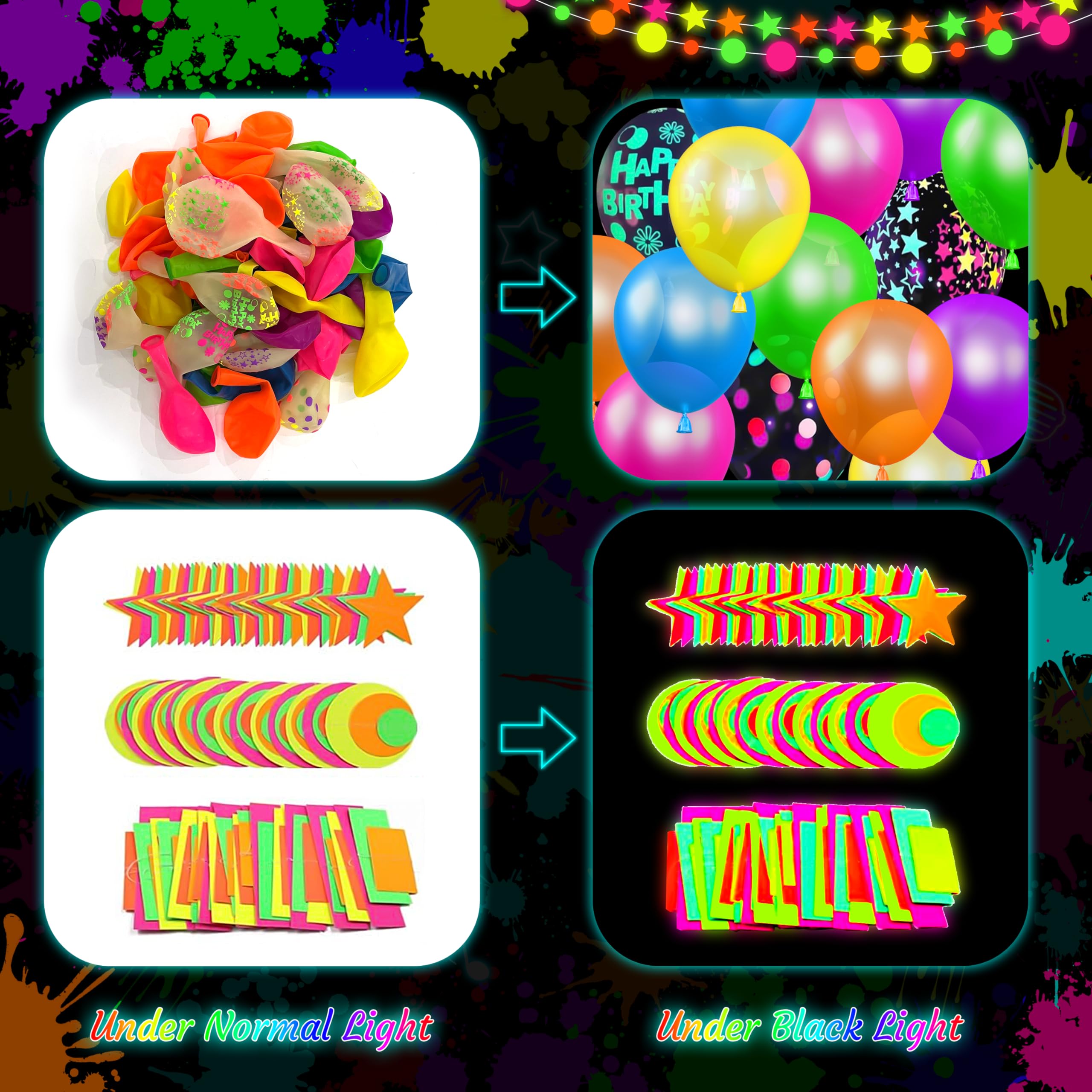 Fayoo Neon Birthday Party Decorations - Glow in the Dark Backdrop, Balloons & Neon Banner