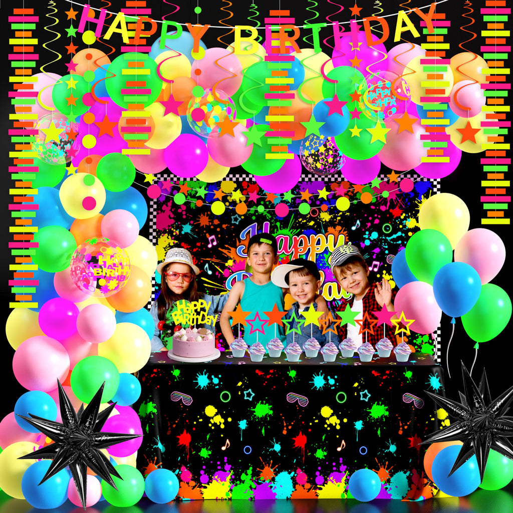Fayoo Neon Birthday Party Decorations - Glow in the Dark Backdrop, Balloons & Neon Banner