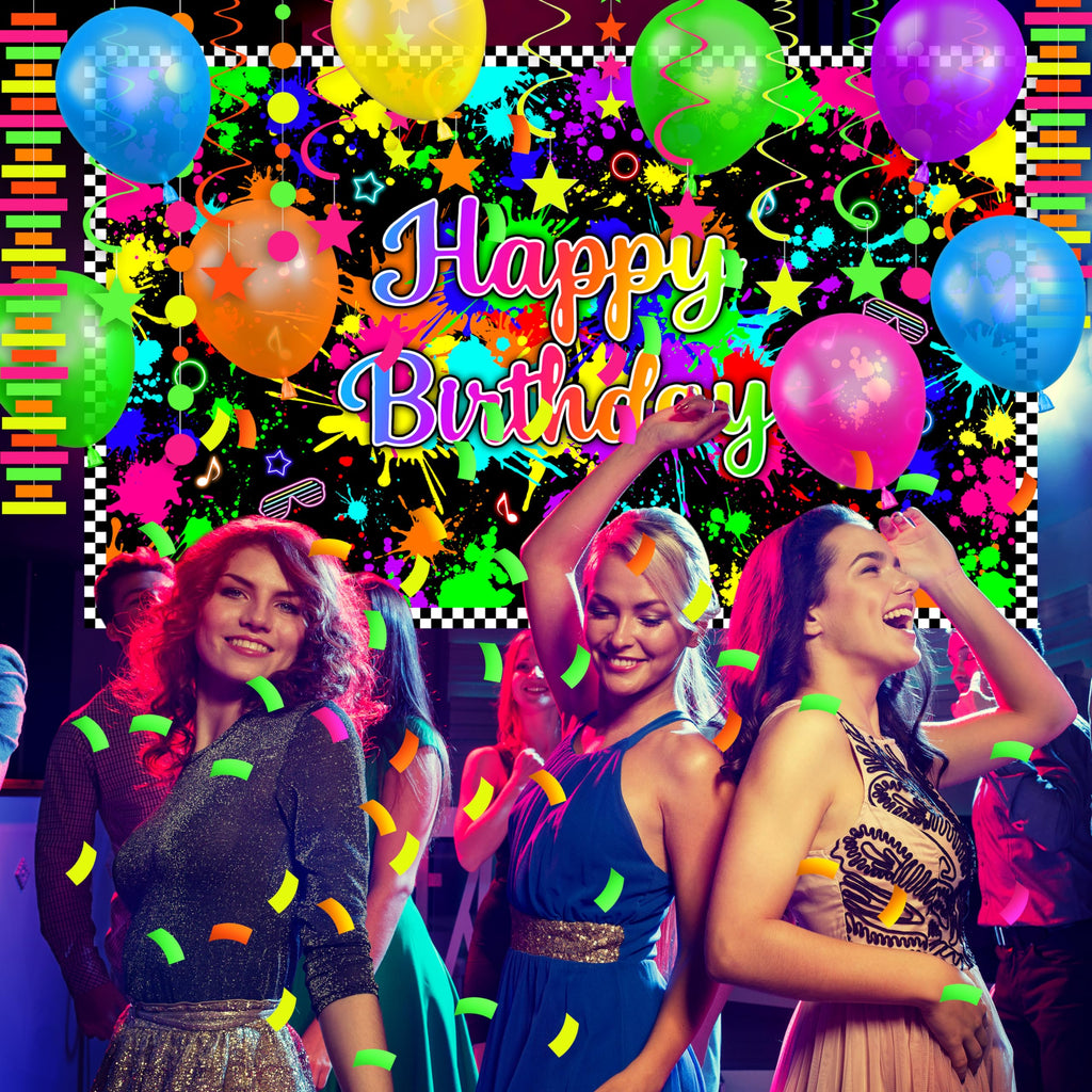 Fayoo Neon Birthday Party Decorations - Glow in the Dark Backdrop, Balloons & Neon Banner