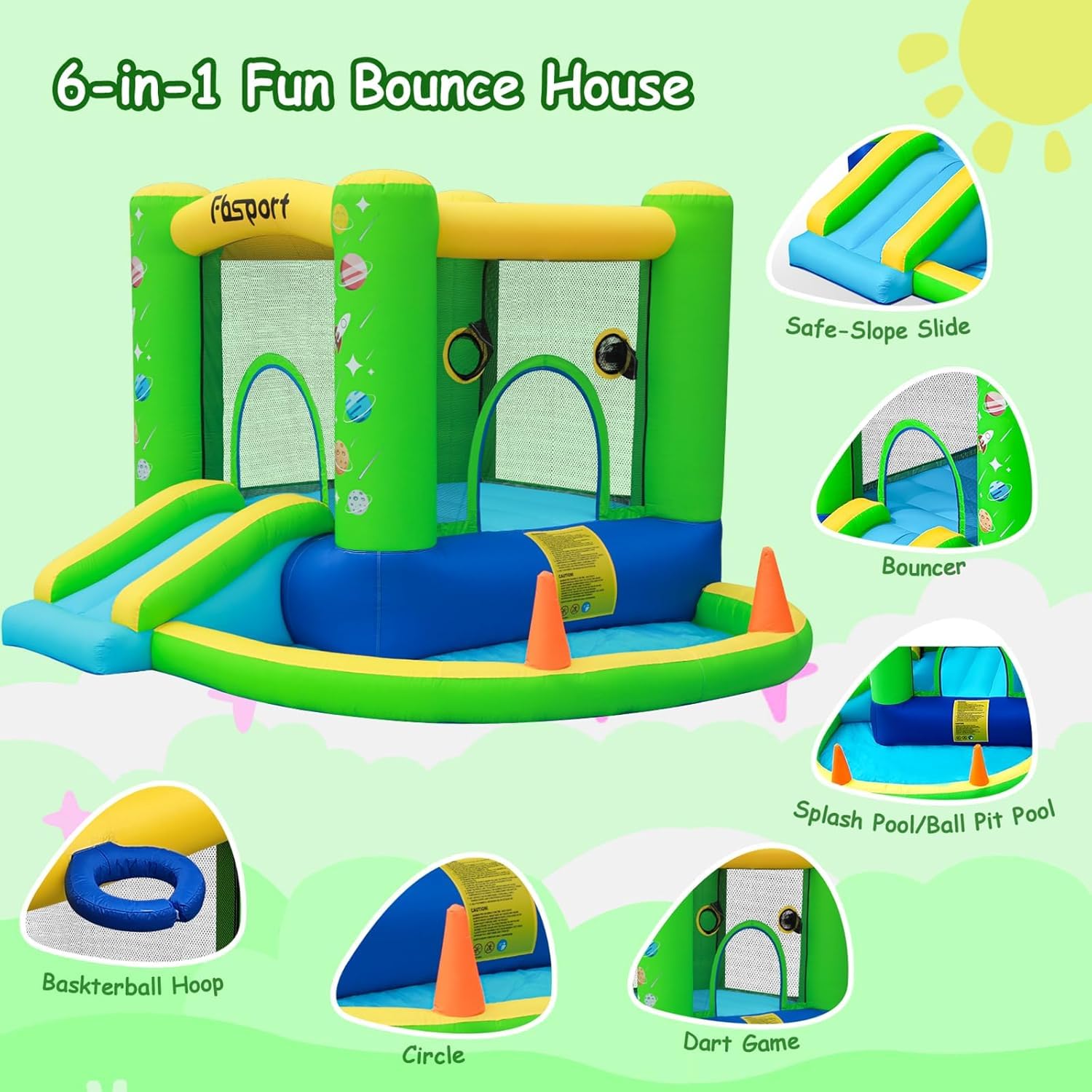 FBSPORT 5-in-1 Galaxy Bounce Castle – Indoor/Outdoor Inflatable for Kids