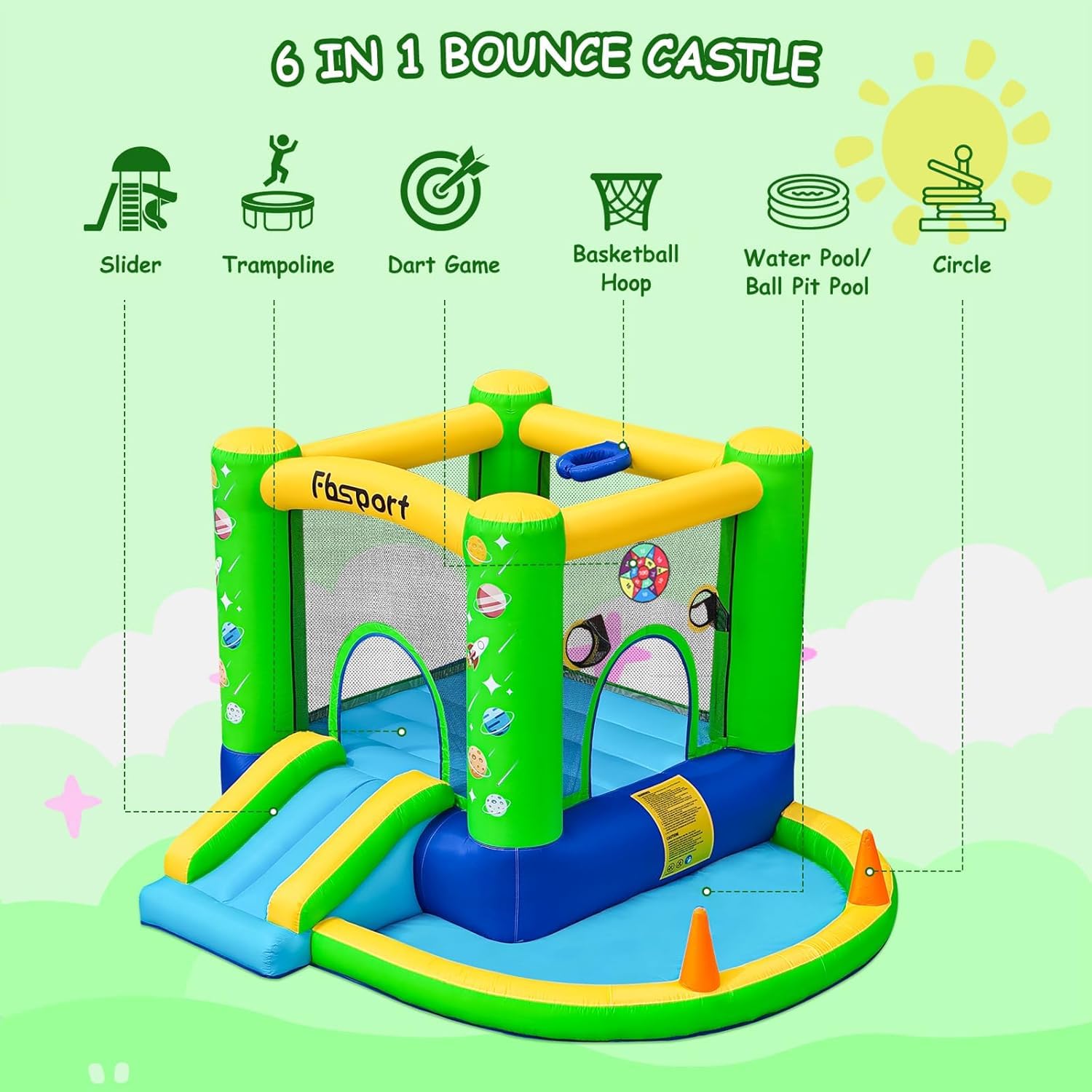 FBSPORT 5-in-1 Galaxy Bounce Castle – Indoor/Outdoor Inflatable for Kids
