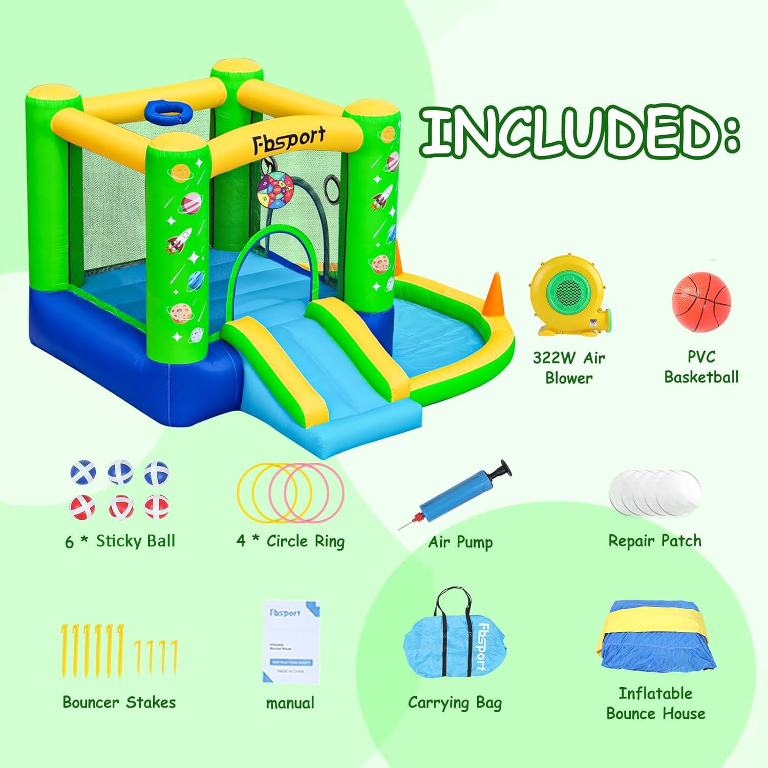 FBSPORT 5-in-1 Galaxy Bounce Castle – Indoor/Outdoor Inflatable for Kids