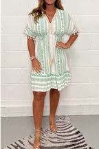 Spring And Summer New Short Sleeve V-neck Mid-length Printed Dress Women