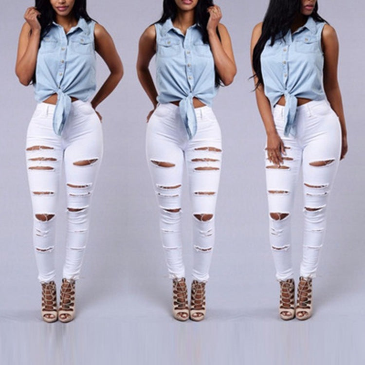 Women's High Waist Ripped Jeans - Distressed Skinny Denim Trousers | Casual Stretch Pencil Pants
