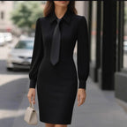 Autumn Fashion Temperament Pure Color Waist Tie Long Sleeve Dress For Women