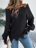 Women Solid Color Hollow Out Long Sleeve Distressed Off-Shoulder Pullover Sweater