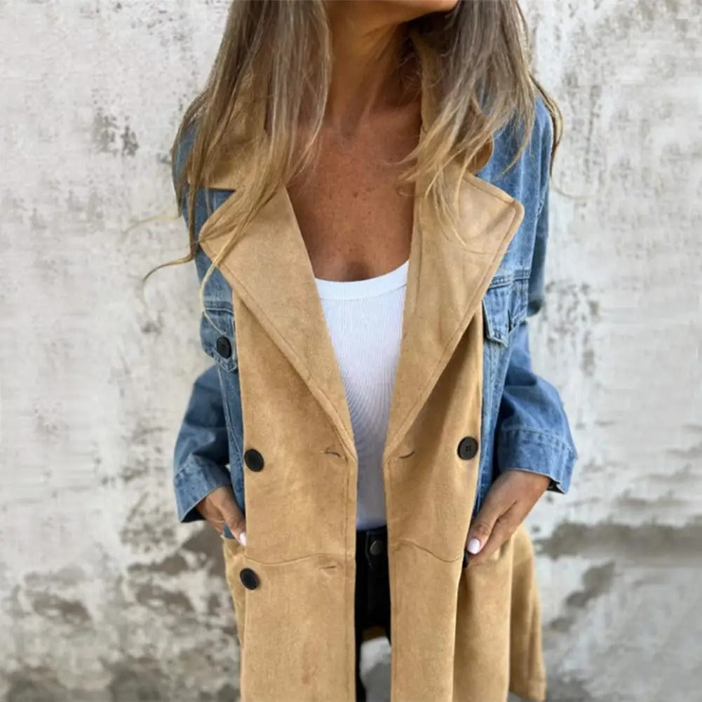 Women's Suit Collar Denim Stitching Mid-length Coat