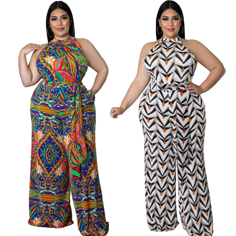Women's Casual Halterneck Printed Jumpsuit With Belt Plus Size