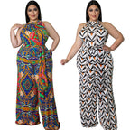 Women's Casual Halterneck Printed Jumpsuit With Belt Plus Size