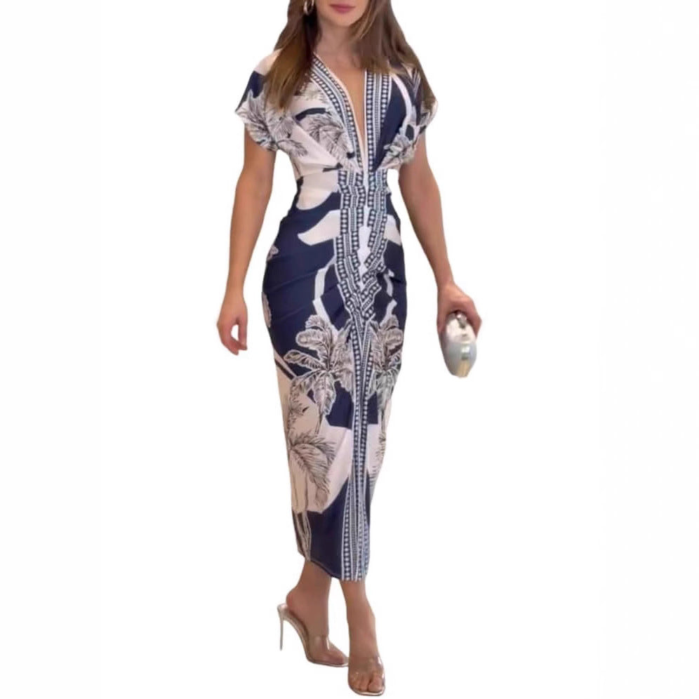 Fashionable Baroque Retro Pattern Long-Sleeve Slim-Fit Deep V-Neck Bodycon Mid-Length Skirt