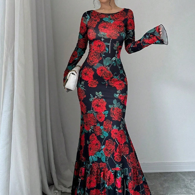 Elegant And Slim-fitting Round Neck Rose Floral Flared Sleeve Bodycon Dress