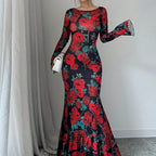 Elegant And Slim-fitting Round Neck Rose Floral Flared Sleeve Bodycon Dress