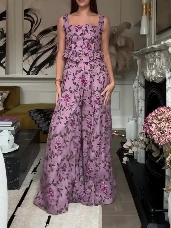 Holiday Floral Print Suspenders & Wide Leg Pants Set