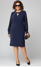Solid Color Dress Mesh Chiffon Long Sleeve Round Neck