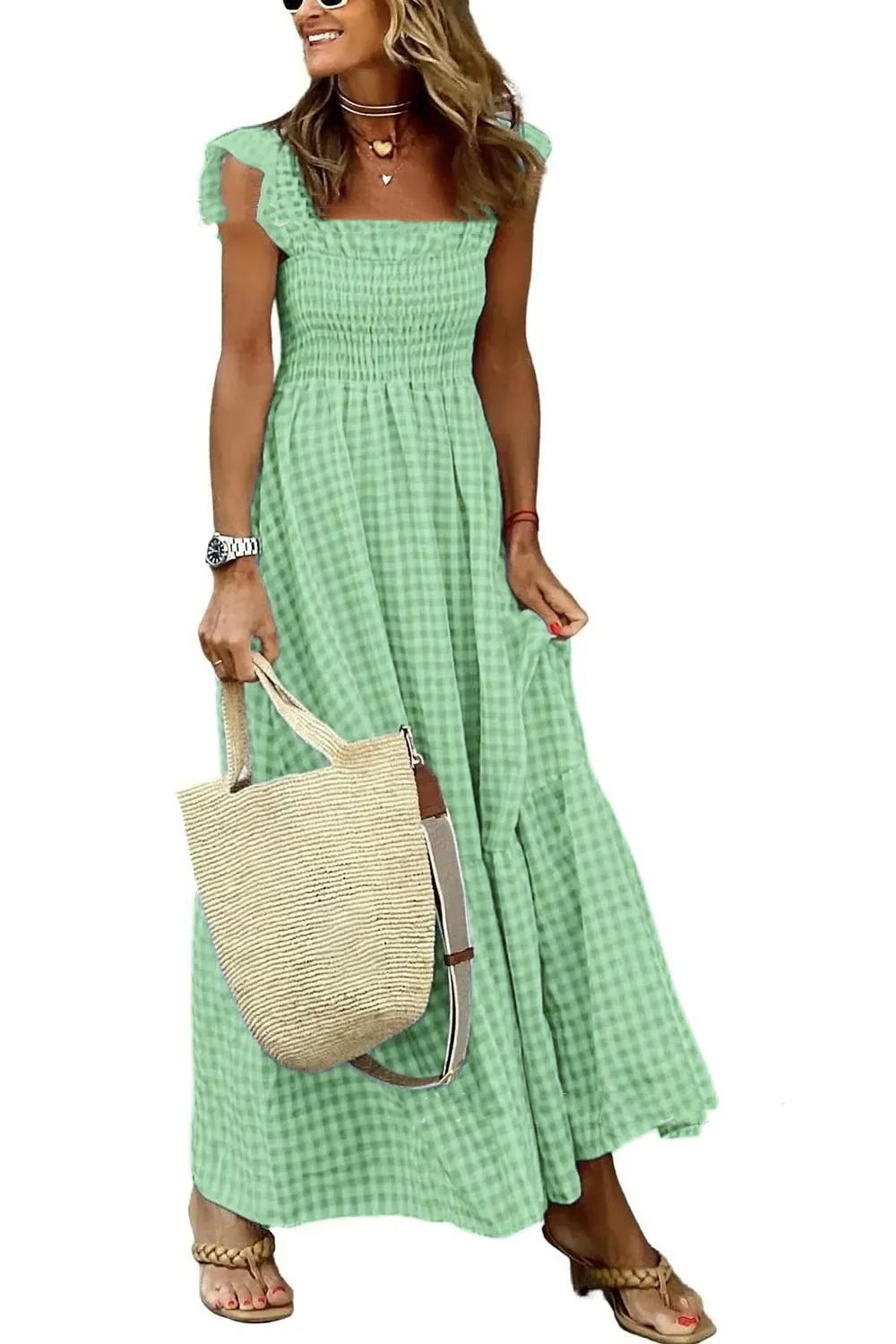 Summer Plaid Print Pleated Ruffle Dress INS Fashion Sleeveless A-line Swing Beach Dress Women's Clothing