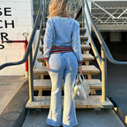 Striped Color-block Long-sleeve Top And Flared-leg Casual Pants Set