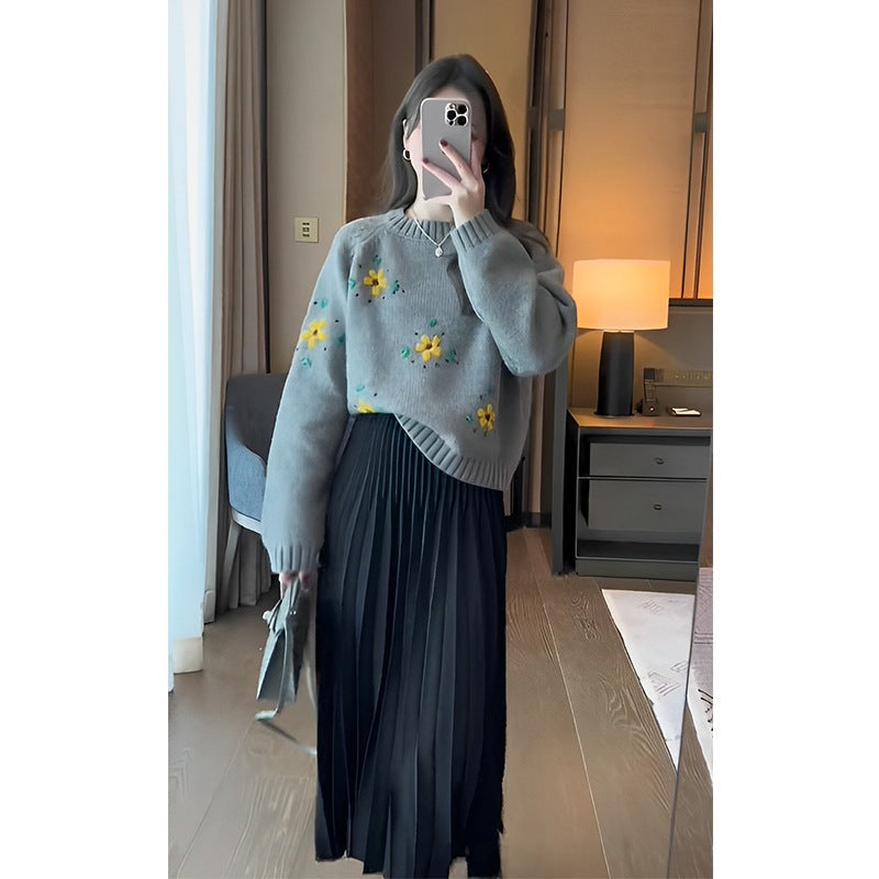 Orange-gelber Vintage Pullover mit Stickerei für Damen im entspannten und lässigen Stil