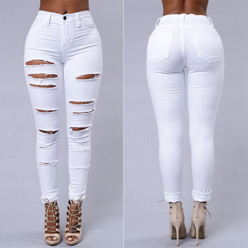 Women's High Waist Ripped Jeans - Distressed Skinny Denim Trousers | Casual Stretch Pencil Pants
