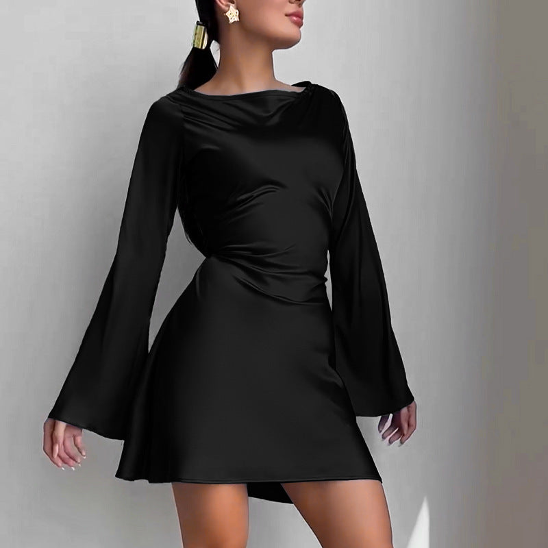 Waist Trimming Lace Up Satin Dress Women's Bag Hip Skirt