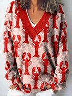 Floral Pattern Printed V-neck Long Sleeve Casual Sweatshirt