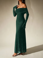 Black Off-Shoulder Maxi Dress With Glitter Detail And Mesh Sleeves