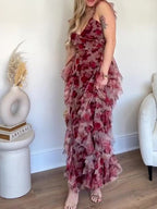 Elegant Floral Ruffled Suspender Dress