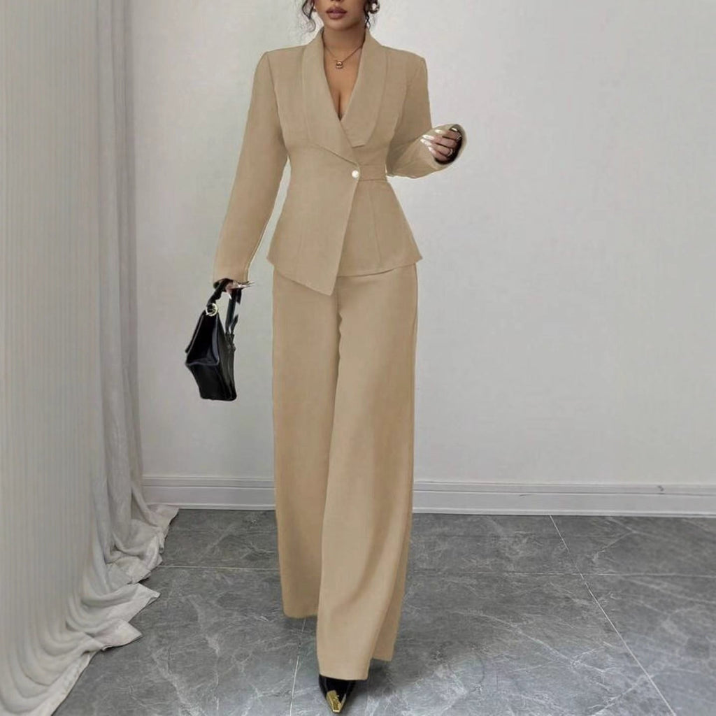Solid-color Long-sleeve Straight-leg Pants Set For Women