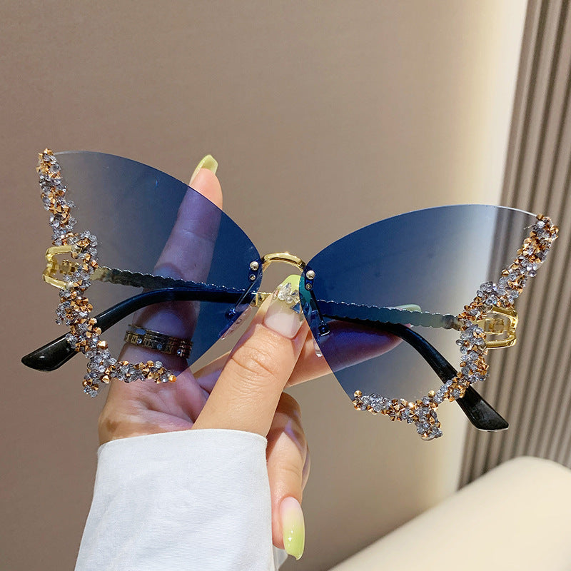 Luxus Diamant Schmetterling Sonnenbrille Damen Marke Y2K Vintage Randlose Oversized Sonnenbrille Damen Brillen Shades
