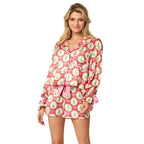 2 Pcs Women's Christmas Pajama Set Santa Tree Print Lapel Neck Button-up Long Sleeve Tops Shorts Loungewear Outfit