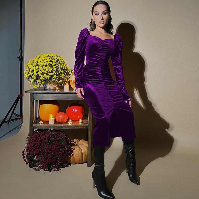 Women's Pleated Slim Fit Slit Long-sleeved Dress