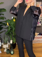 Black Organza Patchwork Sleeve Top