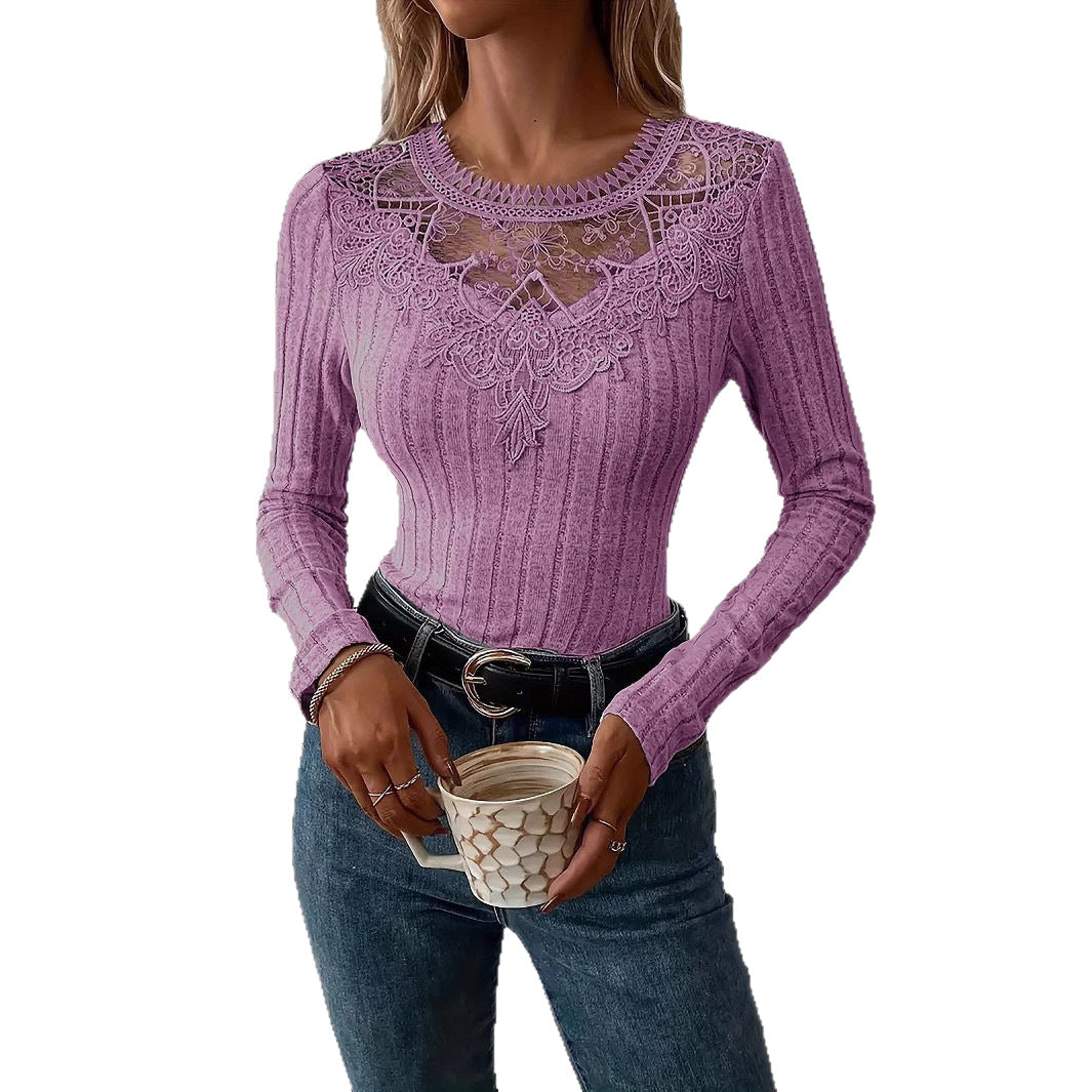 Women's New Arrival Fashionable Casual V-Neck Lace Long-Sleeve Top