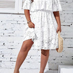 Women's Bohemian Off-Shoulder Lace Dress - Summer Vacation Beach Dress with Ruffled Short Sleeves & High-Low Hem