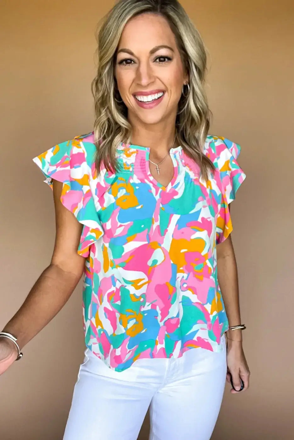 Multi Colour Flutter Sleeve Blouse Abstract Print Women UK