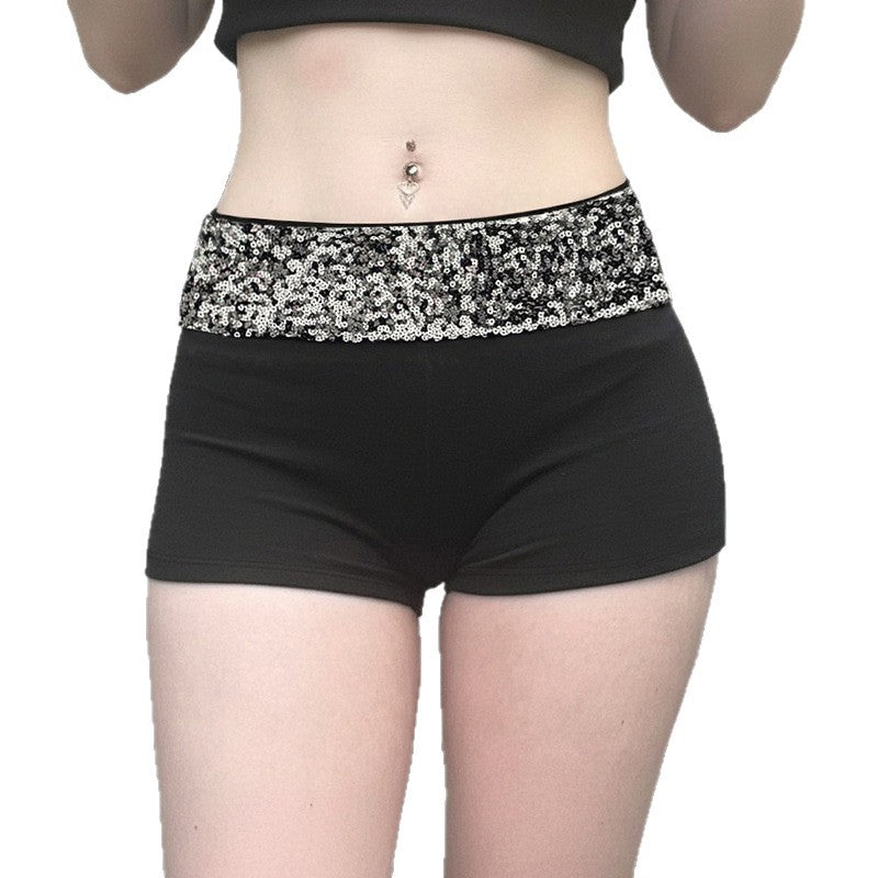 American-style Edgy Sassy Sequined Patchwork Shorts With A High Waist