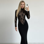 Women's Solid-Color High-Neck Hollow-Out Sheer Lace Bodycon Long-Sleeve Dress