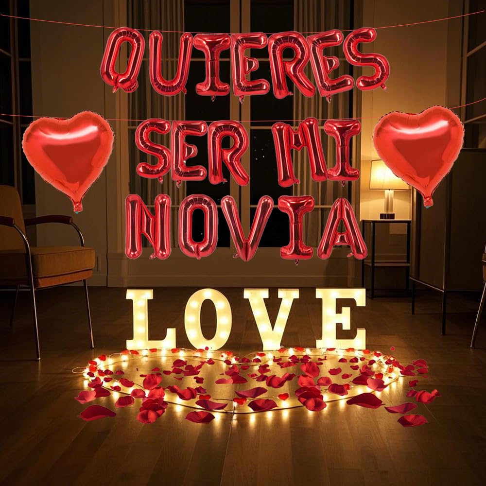 Fecuheko QUIERES SER MI NOVIA Balloons – 16-Inch Letter Foil Balloons + 500 Red Rose Petals + 2x 18-Inch Heart Balloons for Proposals and Anniversaries