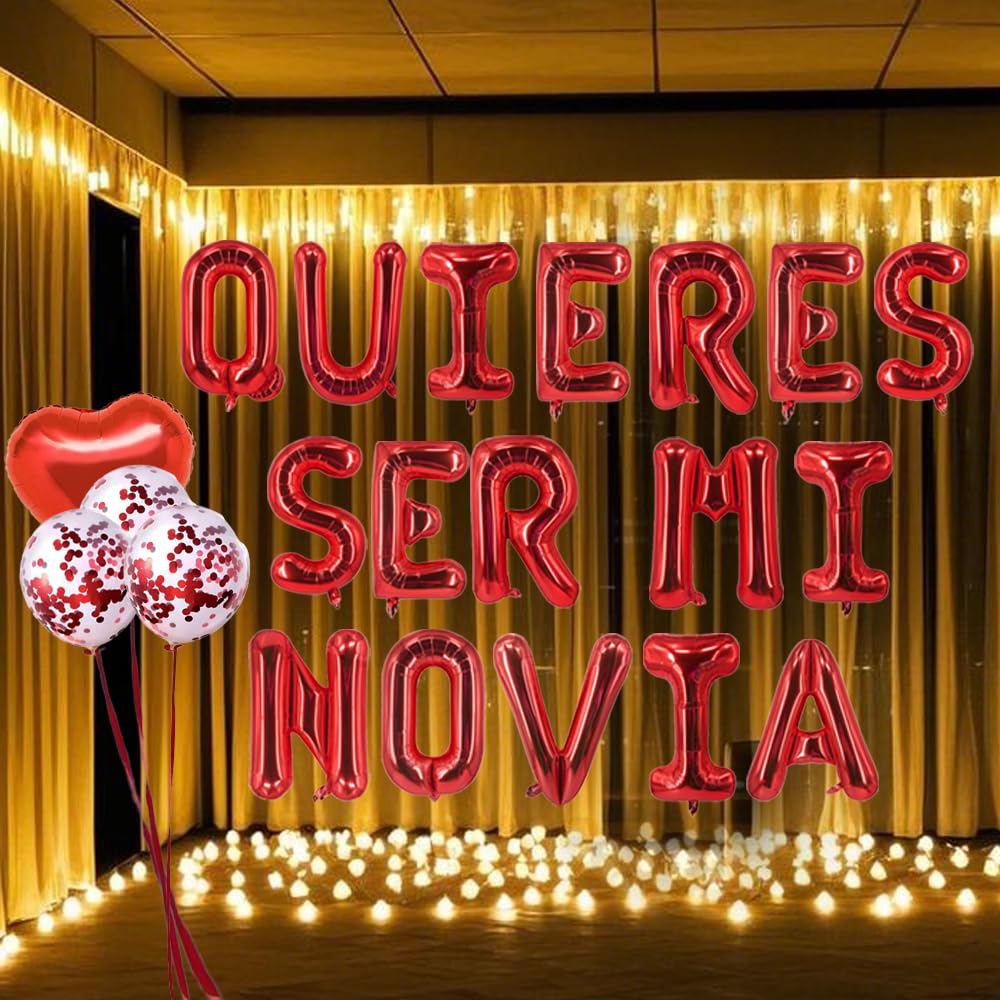 Fecuheko QUIERES SER MI NOVIA Balloons – 16-Inch Letter Foil Balloons + 500 Red Rose Petals + 2x 18-Inch Heart Balloons for Proposals and Anniversaries