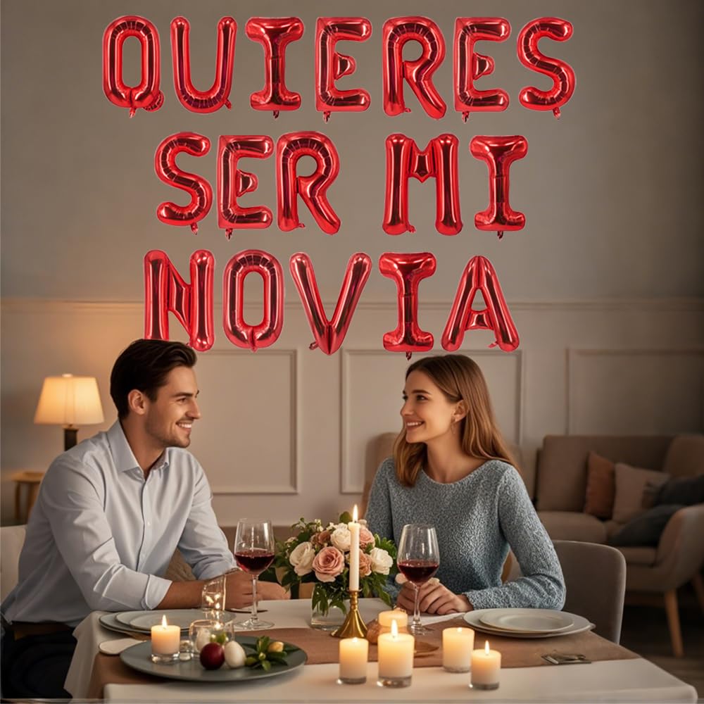 Fecuheko QUIERES SER MI NOVIA Balloons – 16-Inch Letter Foil Balloons + 500 Red Rose Petals + 2x 18-Inch Heart Balloons for Proposals and Anniversaries