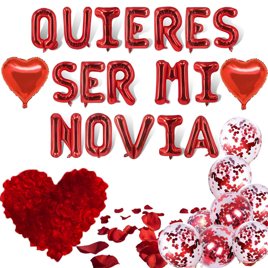 Fecuheko QUIERES SER MI NOVIA Balloons – 16-Inch Letter Foil Balloons + 500 Red Rose Petals + 2x 18-Inch Heart Balloons for Proposals and Anniversaries