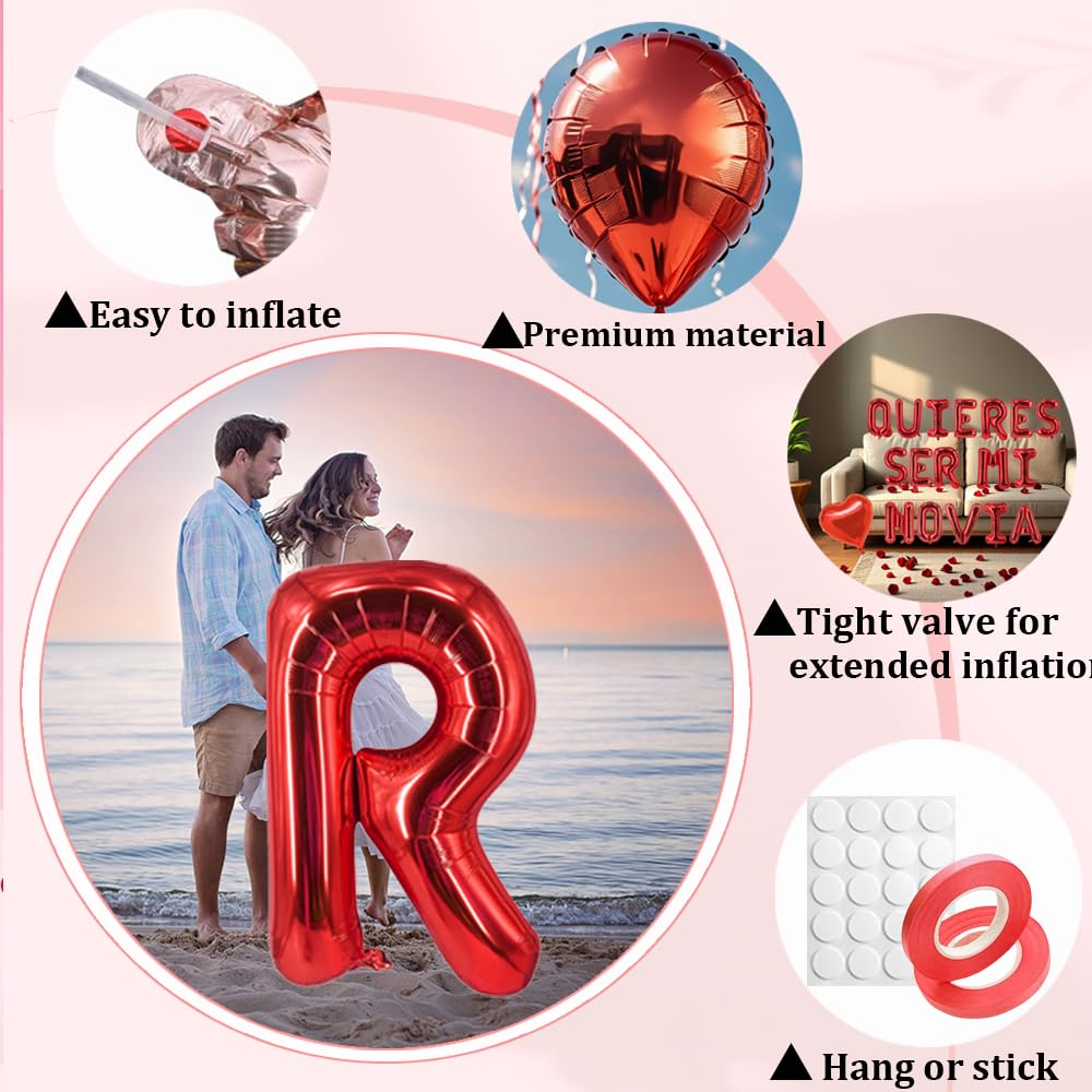 Fecuheko QUIERES SER MI NOVIA Balloons – 16-Inch Letter Foil Balloons + 500 Red Rose Petals + 2x 18-Inch Heart Balloons for Proposals and Anniversaries