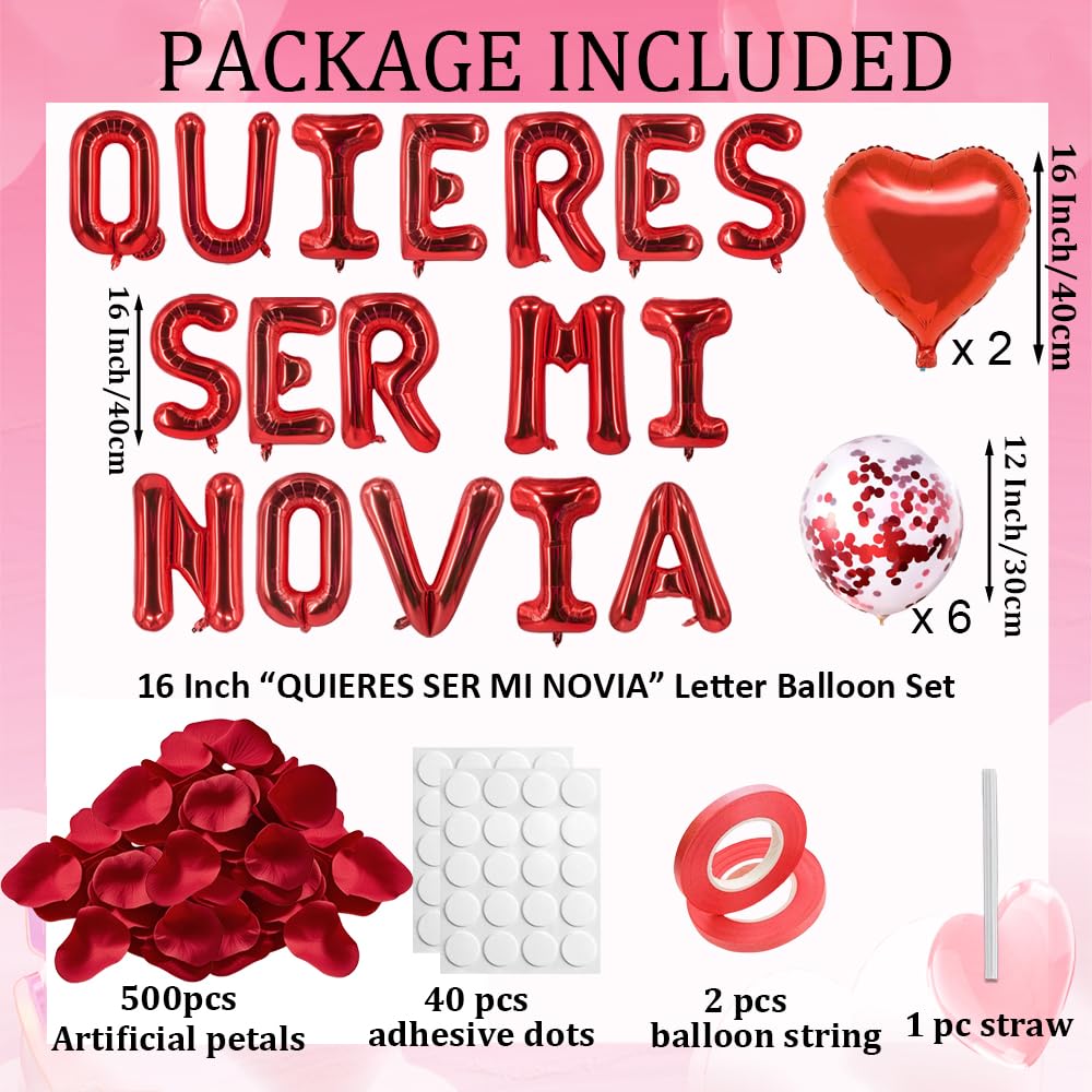 Fecuheko QUIERES SER MI NOVIA Balloons – 16-Inch Letter Foil Balloons + 500 Red Rose Petals + 2x 18-Inch Heart Balloons for Proposals and Anniversaries