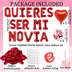 Fecuheko QUIERES SER MI NOVIA Balloons – 16-Inch Letter Foil Balloons + 500 Red Rose Petals + 2x 18-Inch Heart Balloons for Proposals and Anniversaries