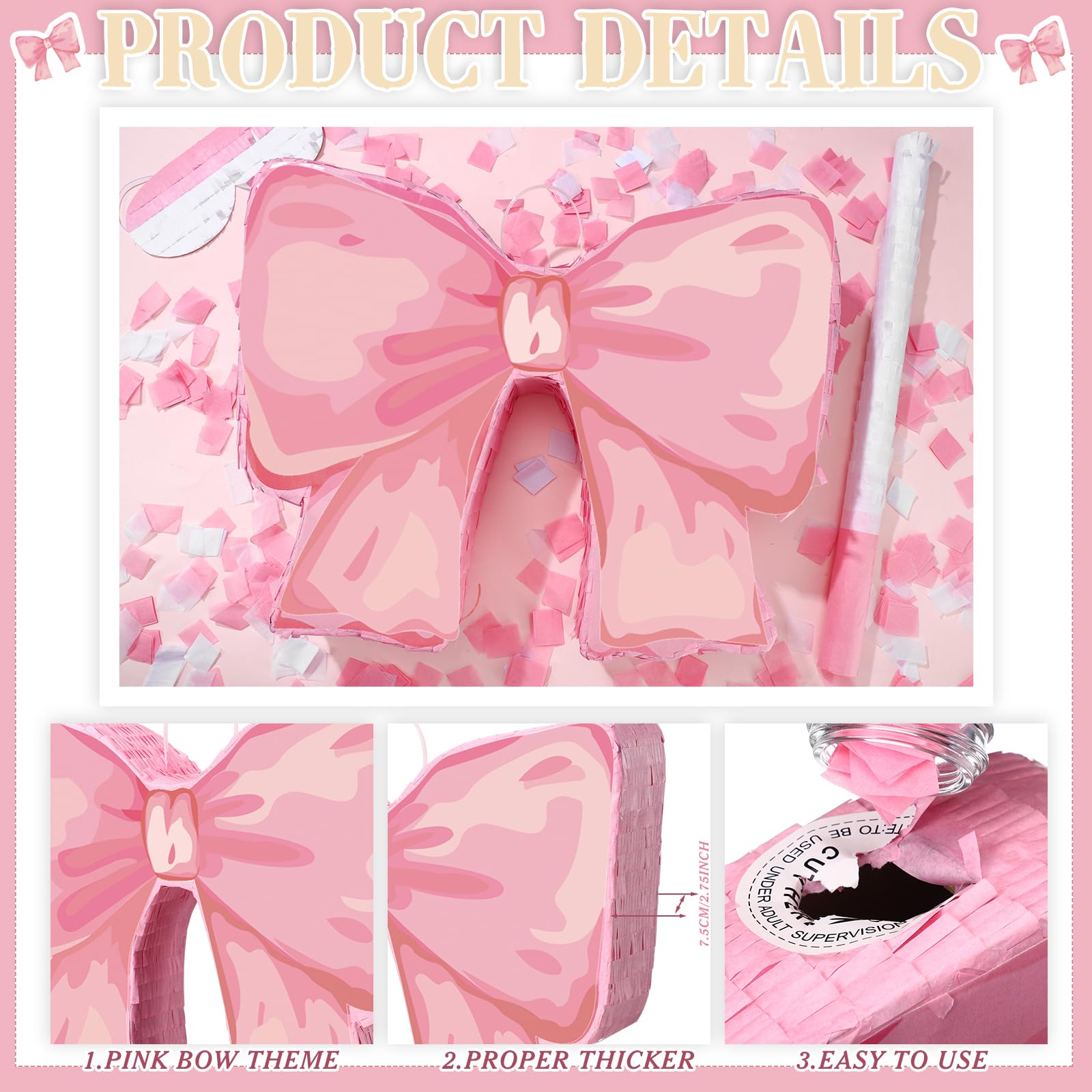Feifeiya Coquette Pink Bow Pinata Bundle with Blindfold, Bat & Confetti