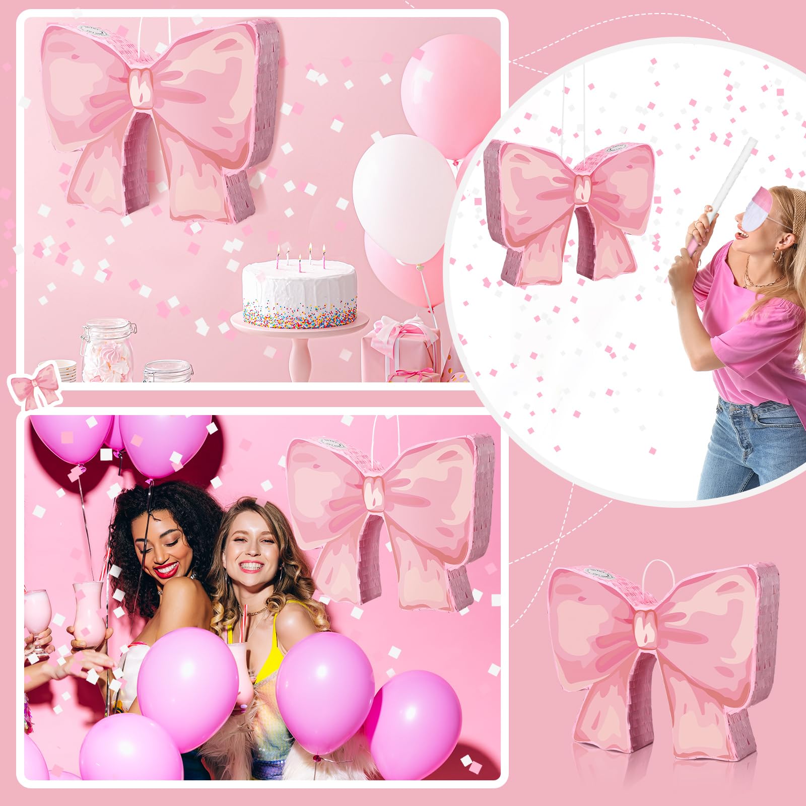 Feifeiya Coquette Pink Bow Pinata Bundle with Blindfold, Bat & Confetti