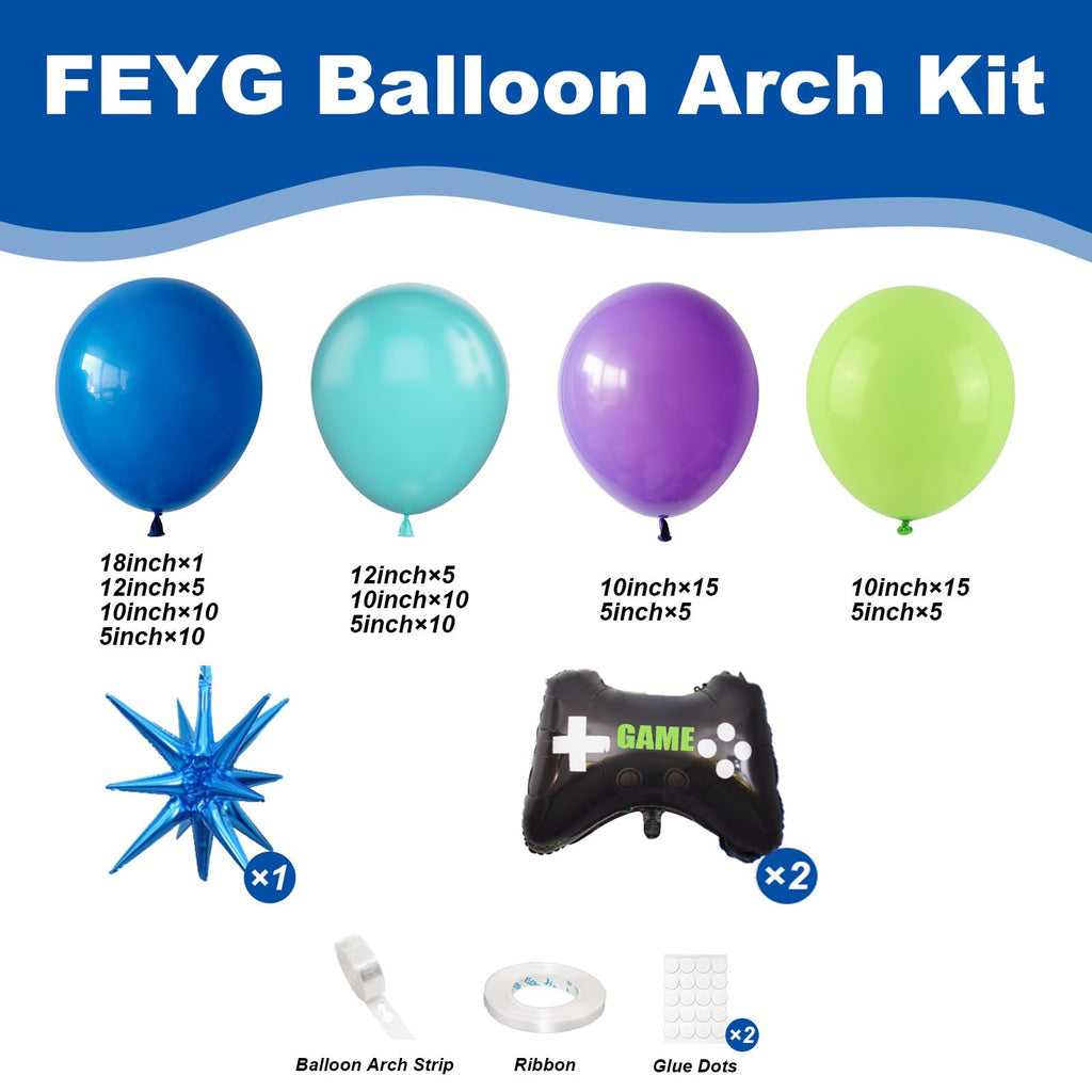 FEYG 120PCS Video Game Balloon Arch Kit – Blue Purple Green Black Balloons with 4D Game Handle Foil Balloons