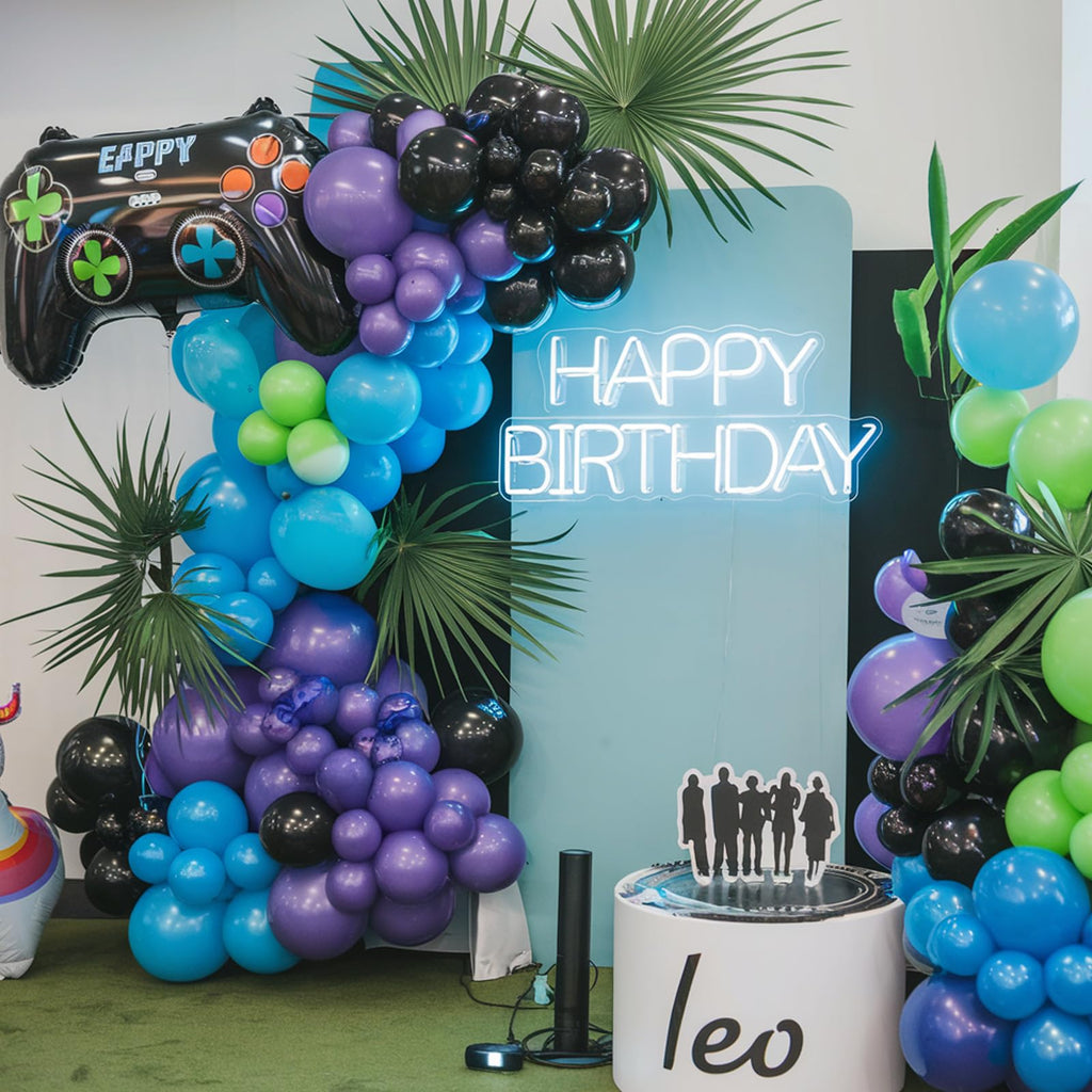FEYG 120PCS Video Game Balloon Arch Kit – Blue Purple Green Black Balloons with 4D Game Handle Foil Balloons